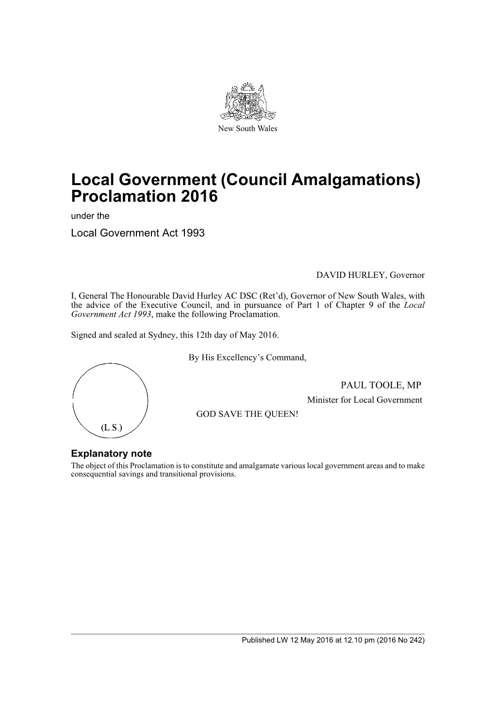 Local Government (Council Amalgamations) Proclamation 2016 Under the Local Government Act 1993
