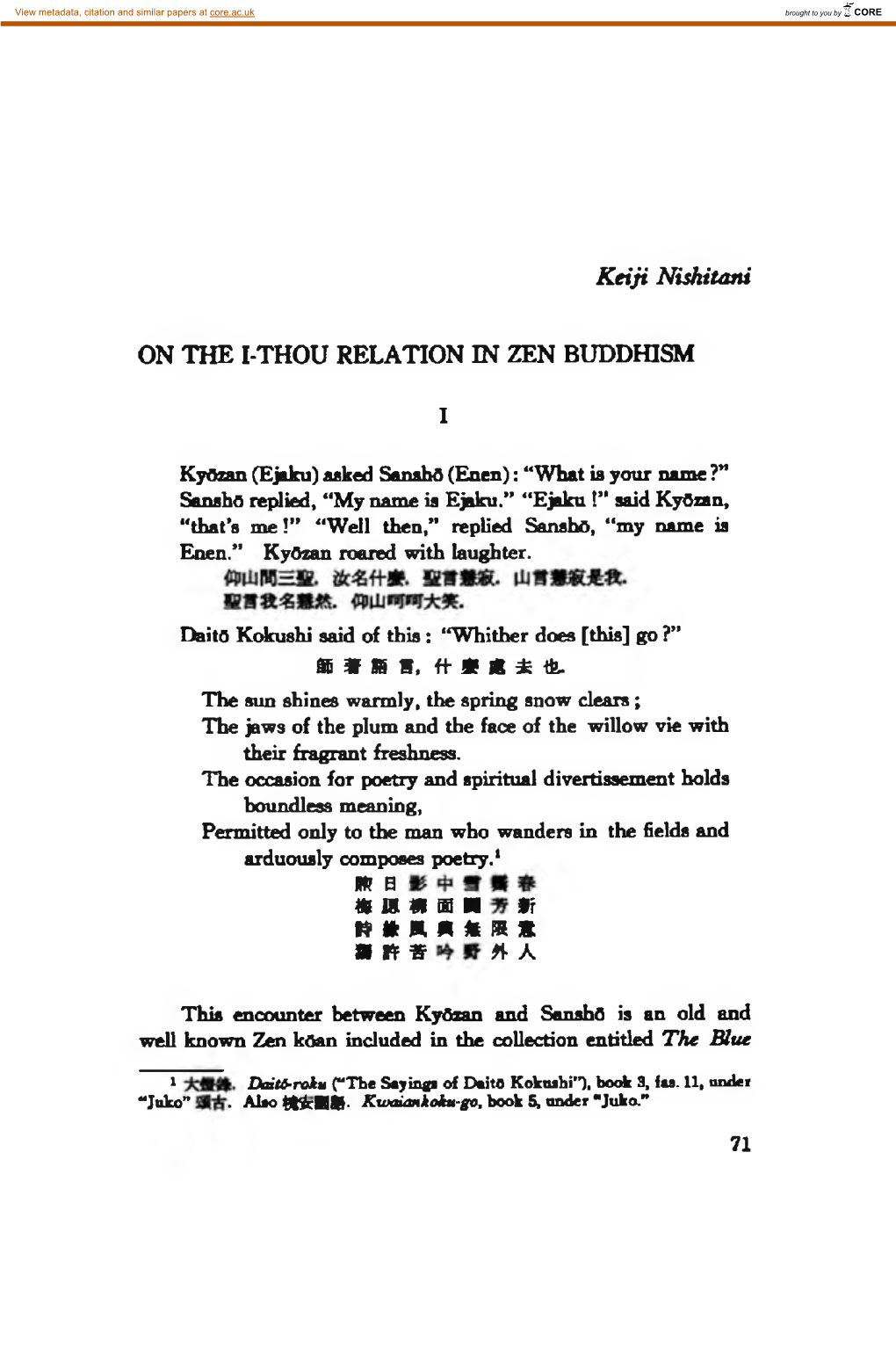 Keiji Nishitani on the I-THOU RELATION in ZEN BUDDHISM