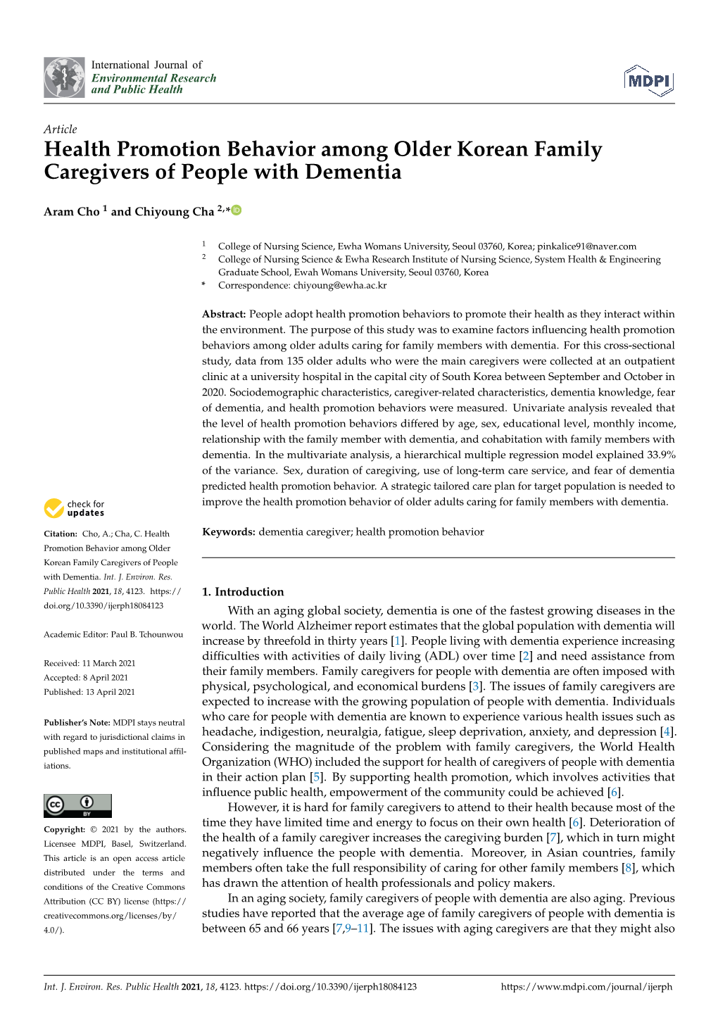 Health Promotion Behavior Among Older Korean Family Caregivers of People with Dementia