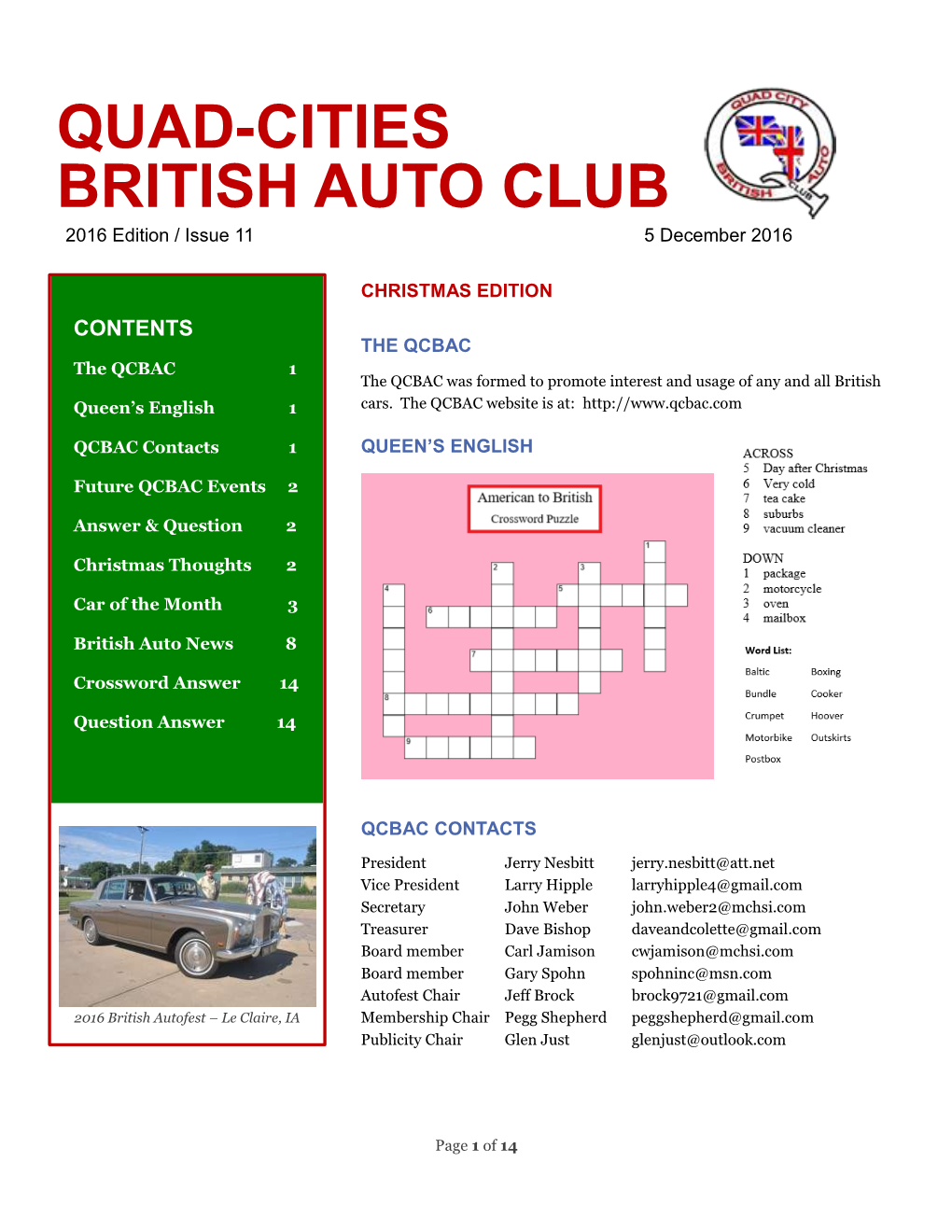 QUAD-CITIES BRITISH AUTO CLUB 2016 Edition / Issue 11 5 December 2016