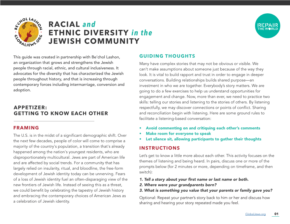 RACIAL and ETHNIC DIVERSITY in the JEWISH COMMUNITY