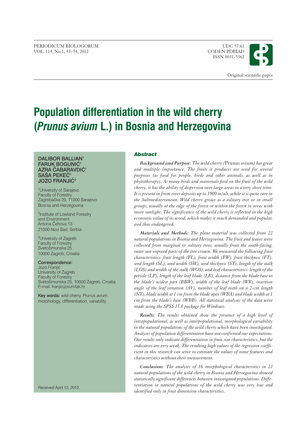 Population Differentiation in the Wild Cherry (Prunus Avium L.) in Bosnia and Herzegovina