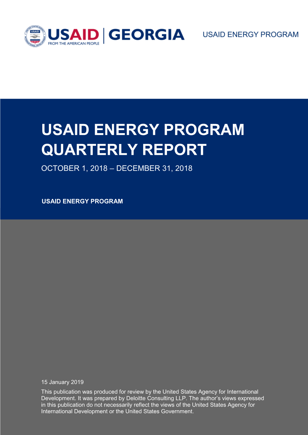 Usaid Energy Program Quarterly Report October 1, 2018 – December 31, 2018