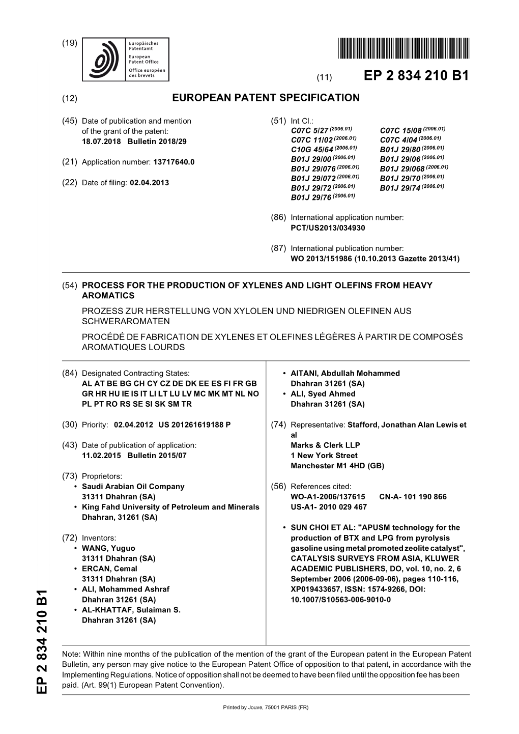 Process for the Production of Xylenes and Light