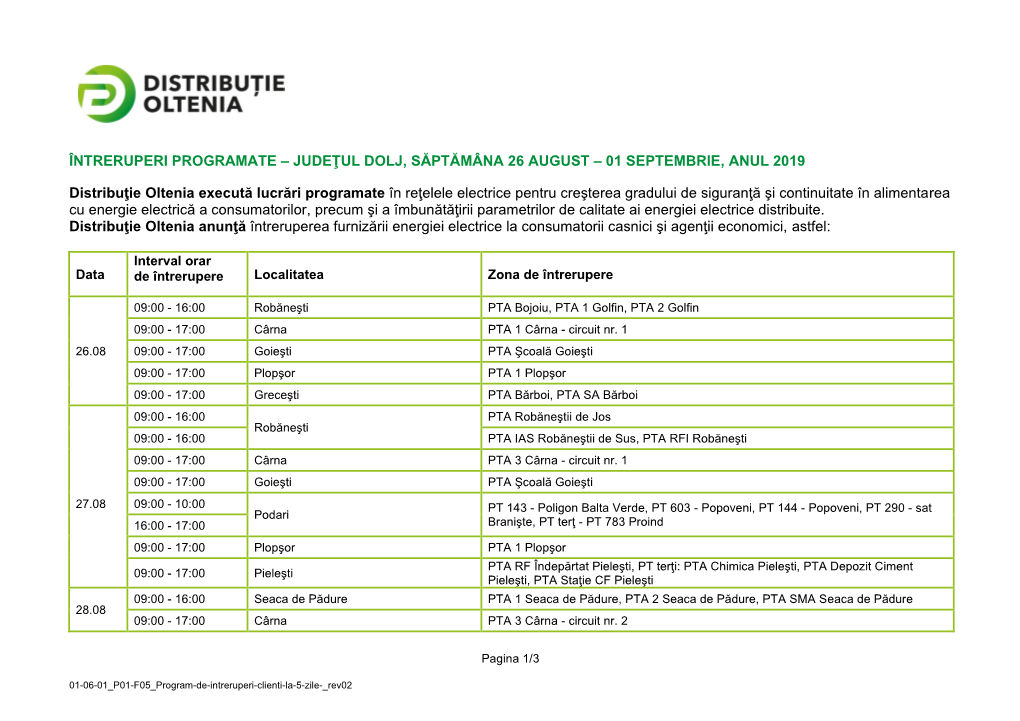 Întreruperi Programate – Judeţul Dolj, Săptămâna 26 August – 01 Septembrie, Anul 2019