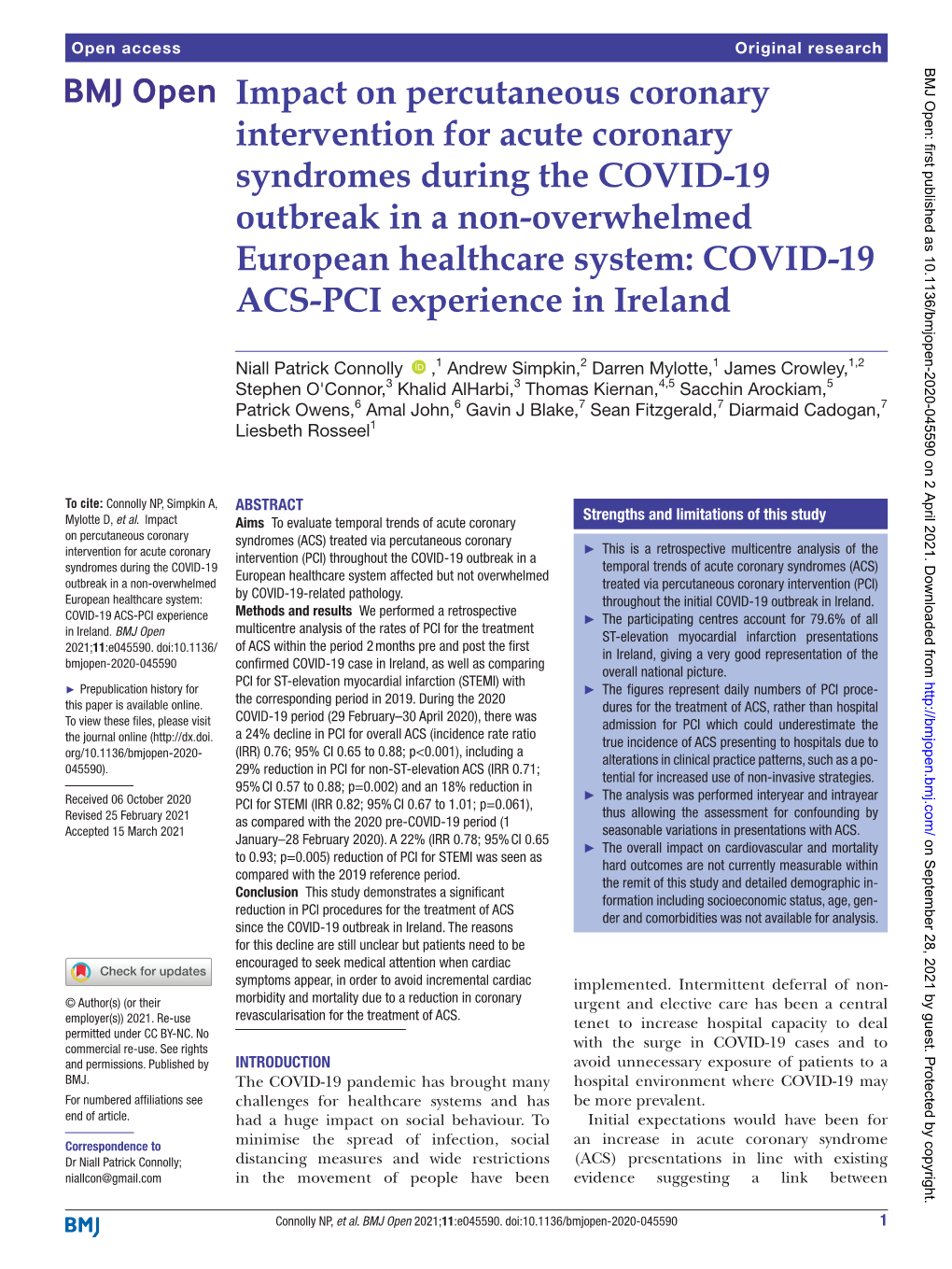 Overwhelmed European Healthcare System: COVID-19 ACS-­PCI Experience in Ireland