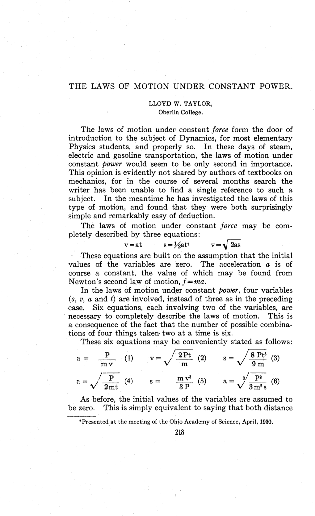 The Laws of Motion Under Constant Power