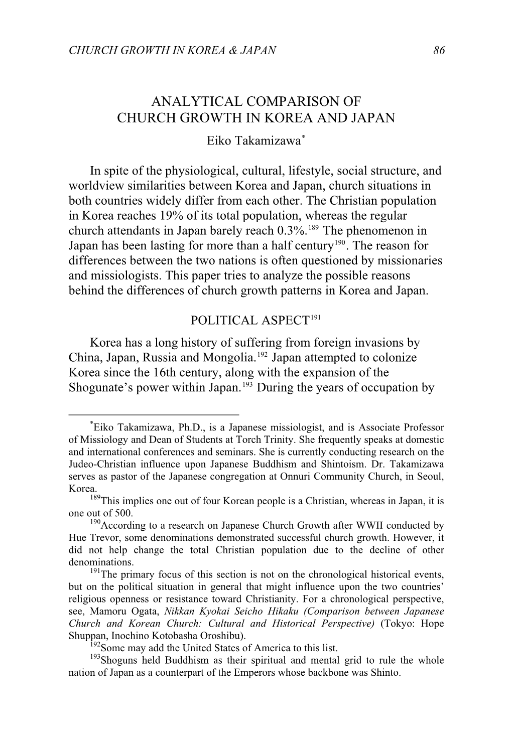 ANALYTICAL COMPARISON of CHURCH GROWTH in KOREA and JAPAN Eiko Takamizawa*