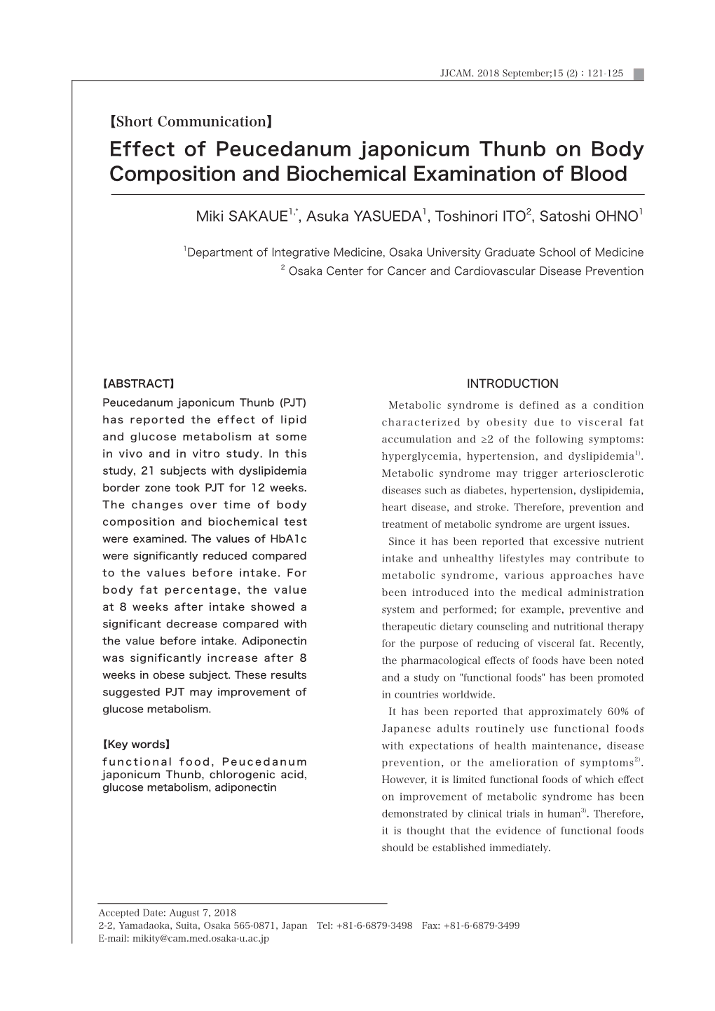 Effect of Peucedanum Japonicum Thunb on Body Composition and Biochemical Examination of Blood