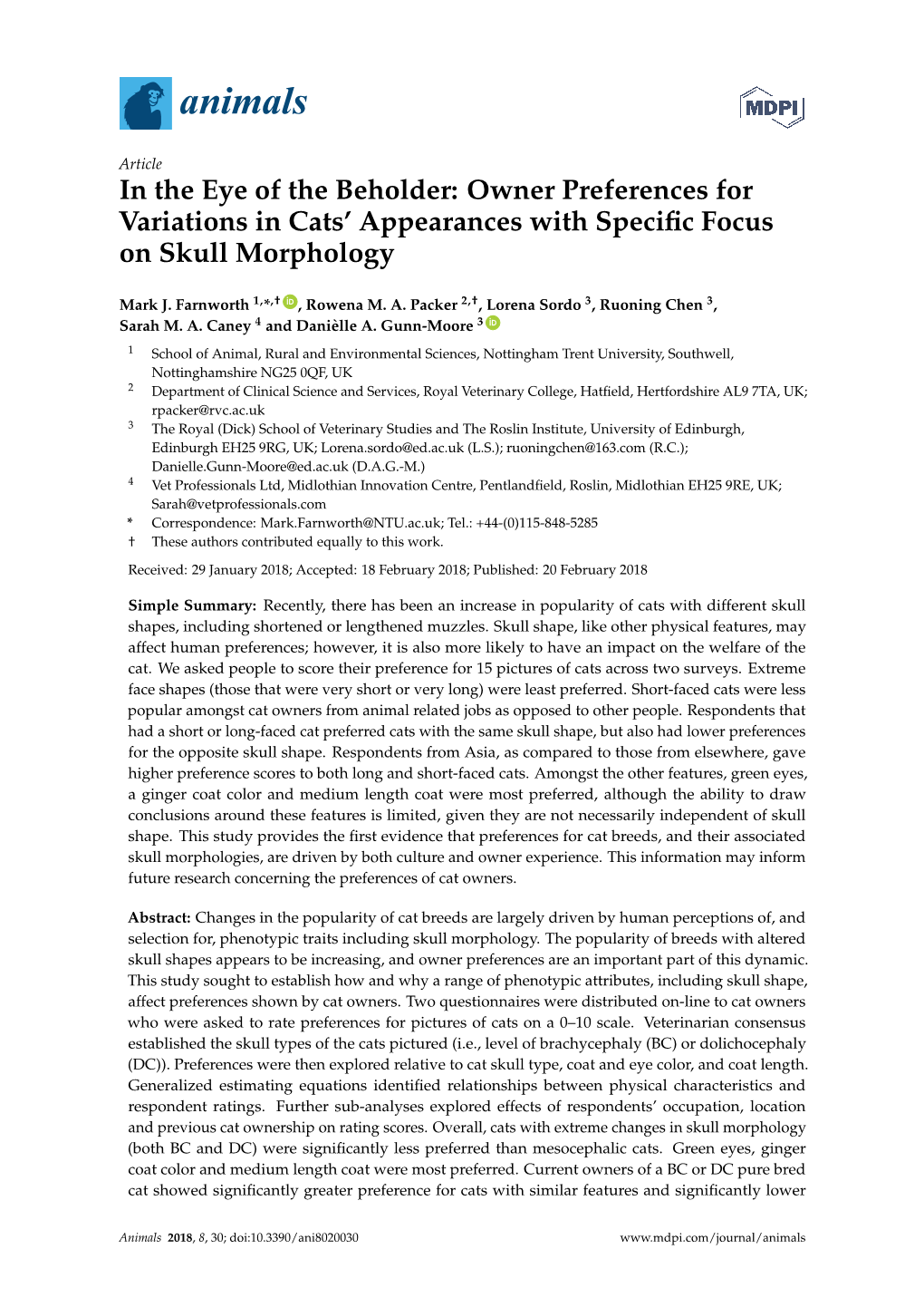 In the Eye of the Beholder: Owner Preferences for Variations in Cats’ Appearances with Speciﬁc Focus on Skull Morphology