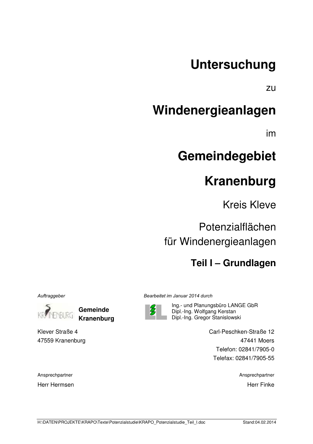 Untersuchung Windenergieanlagen Gemeindegebiet Kranenburg