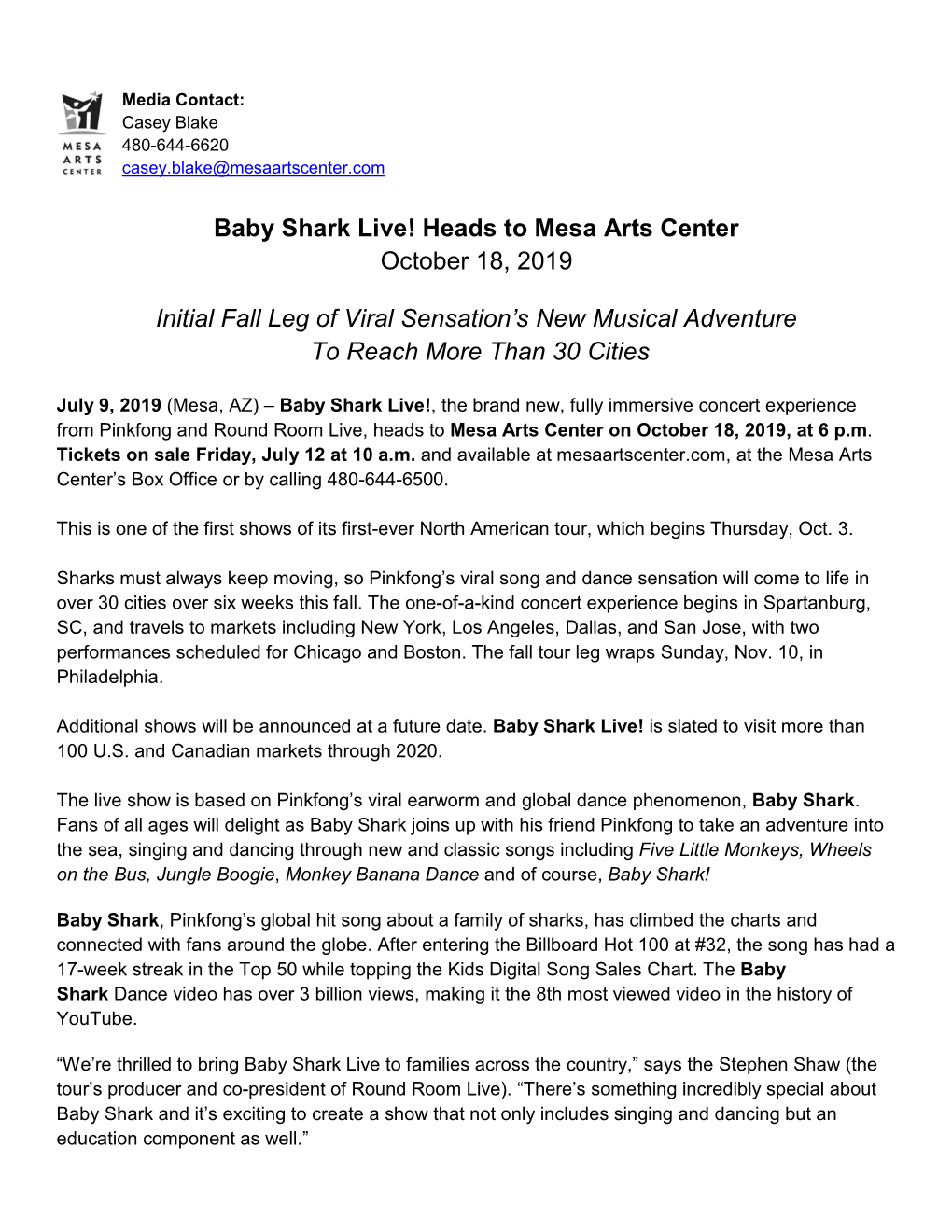 Baby Shark Live! Heads to Mesa Arts Center October 18, 2019 Initial Fall