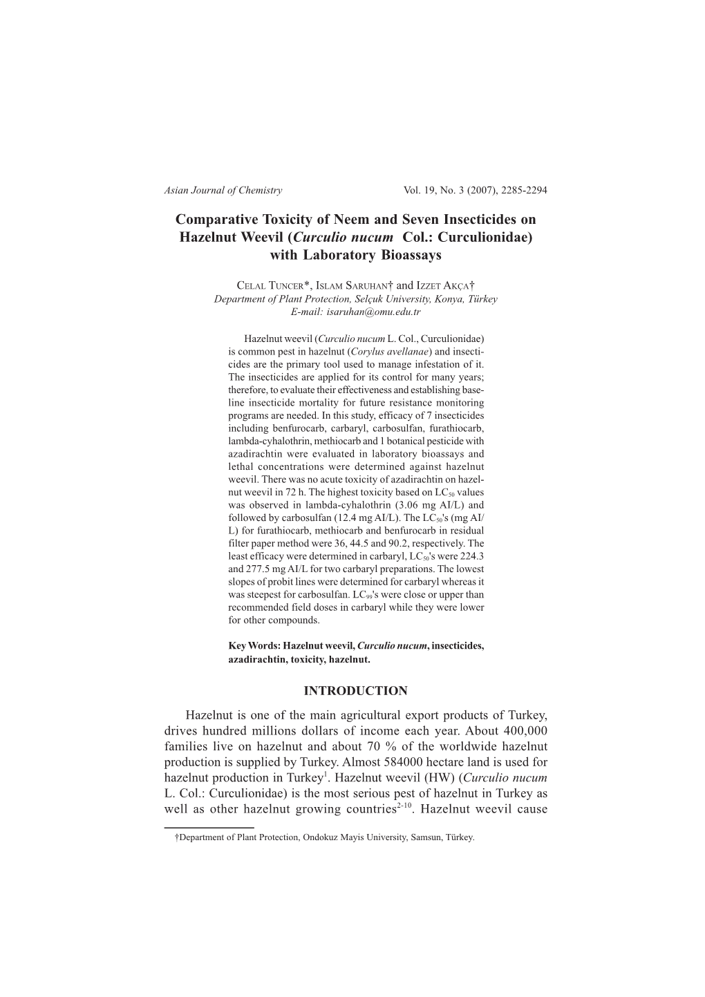 Comparative Toxicity of Neem and Seven Insecticides on Hazelnut Weevil (Curculio Nucum Col.: Curculionidae) with Laboratory Bioassays