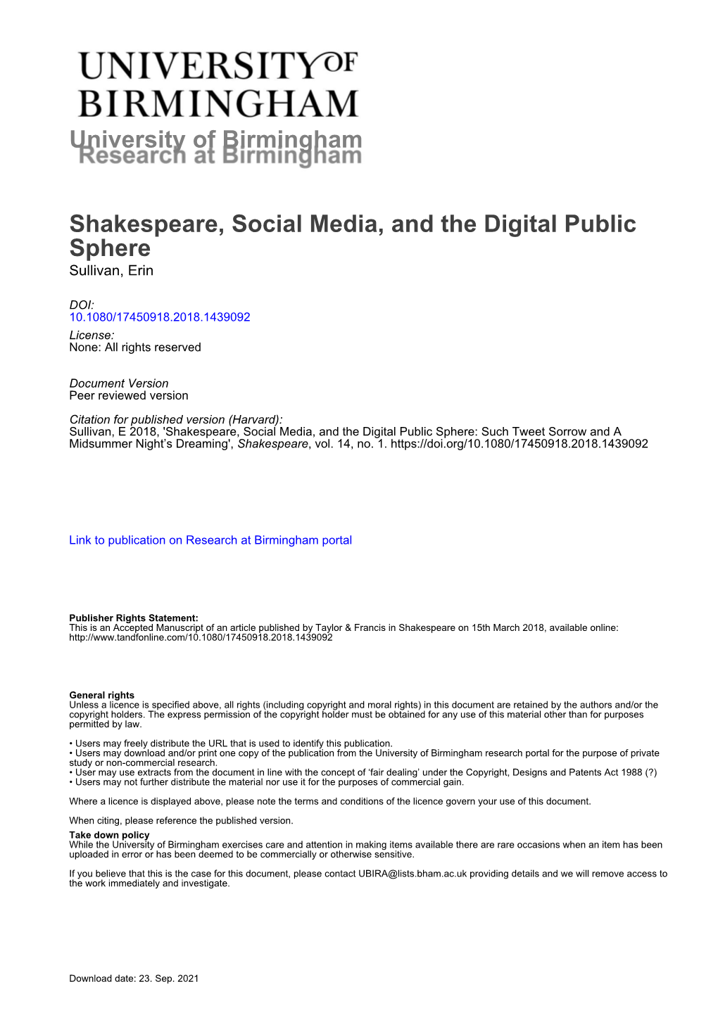 University of Birmingham Shakespeare, Social Media, And