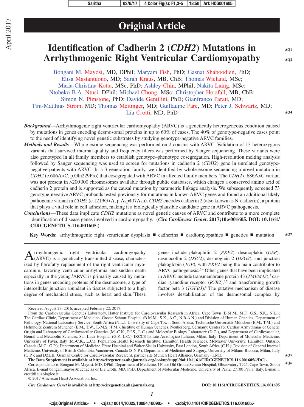 CDH2) Mutations in AQ1 Arrhythmogenic Right Ventricular Cardiomyopathy AQ2
