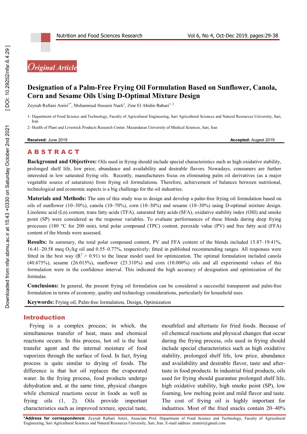 Designation of a Palm-Free Frying Oil Formulation Based on Sunflower