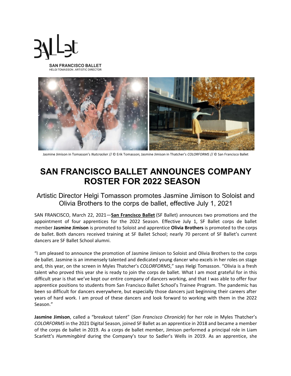 SF Ballet Announces 2022 Season Roster