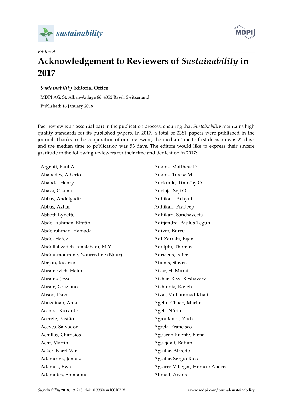 Acknowledgement to Reviewers of Sustainability in 2017