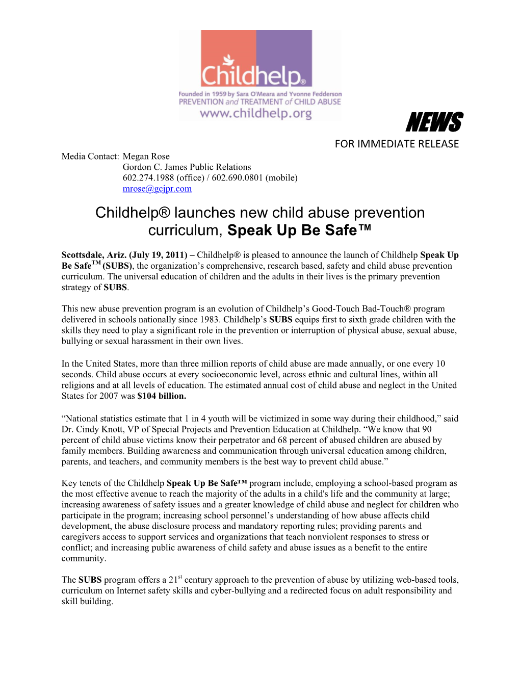 Childhelp® Launches New Child Abuse Prevention Curriculum, Speak up Be Safe™