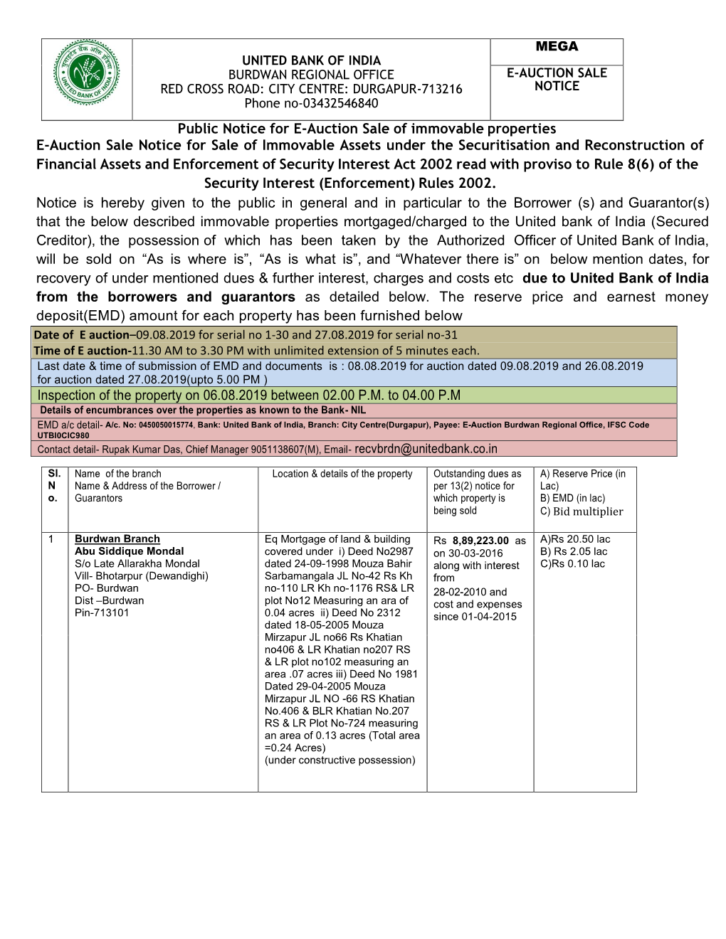 Public Notice for E-Auction Sale of Immovable Properties E-Auction