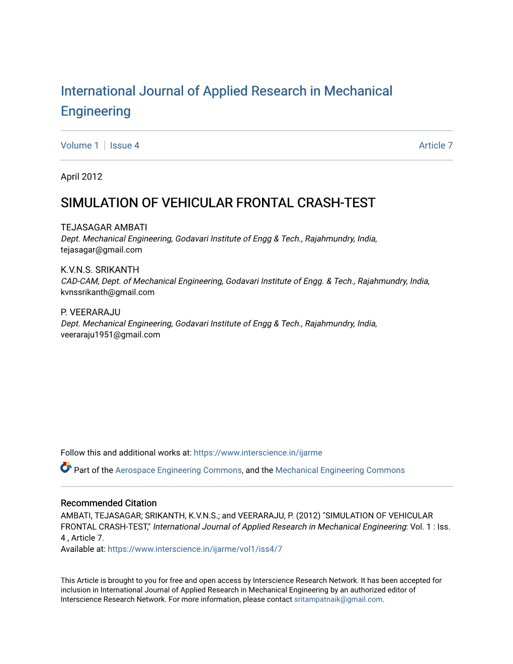 Simulation of Vehicular Frontal Crash-Test