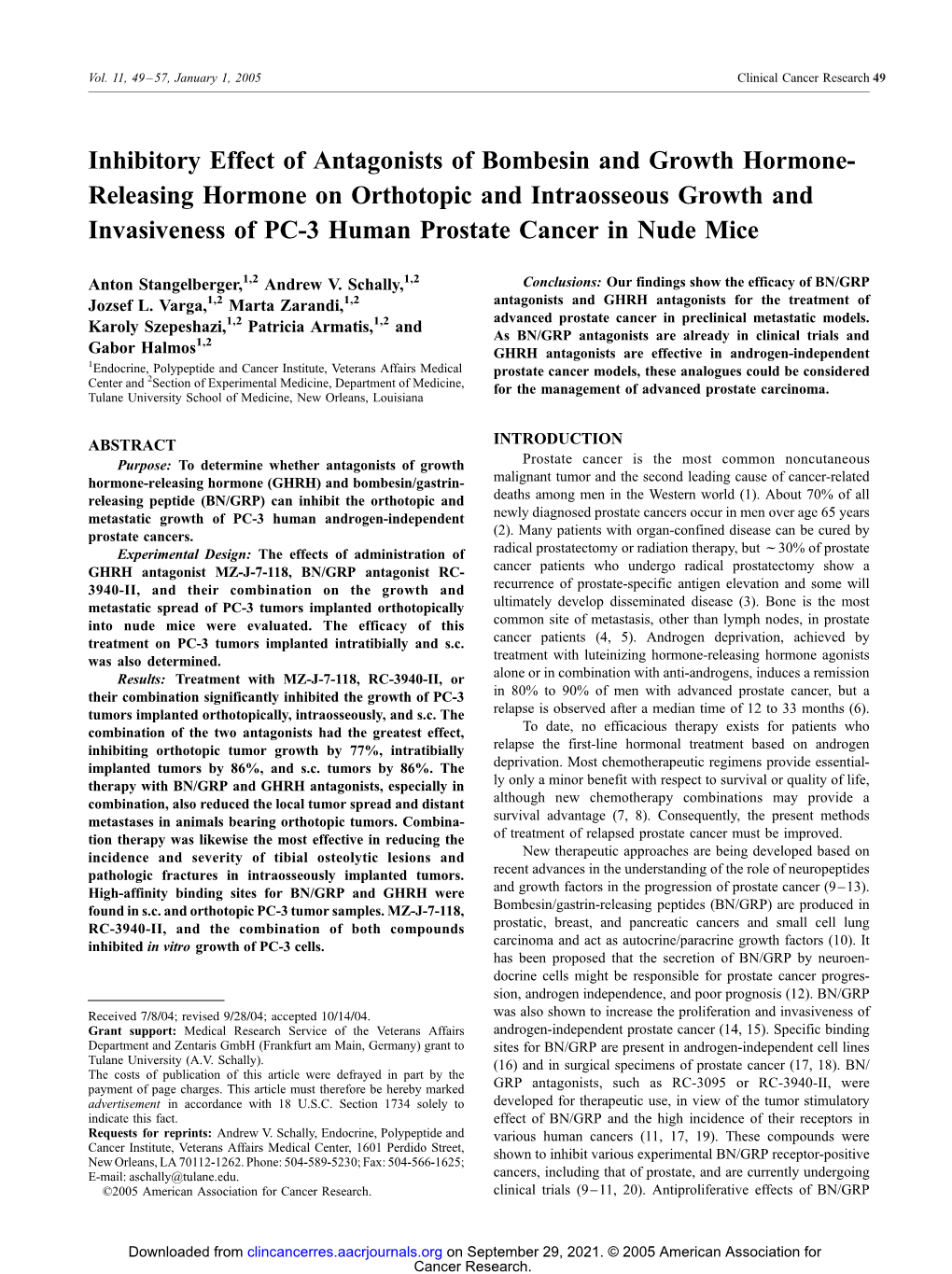 Releasing Hormone on Orthotopic and Intraosseous Growth and Invasiveness of PC-3 Human Prostate Cancer in Nude Mice