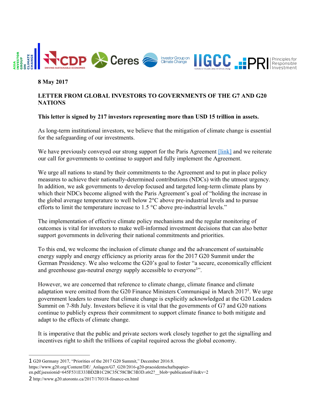 Letter from Global Investors to Governments of the G7 and G20 Nations