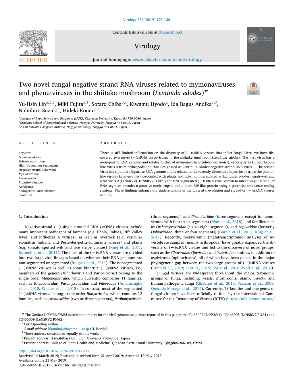 Two Novel Fungal Negative-Strand RNA Viruses Related To