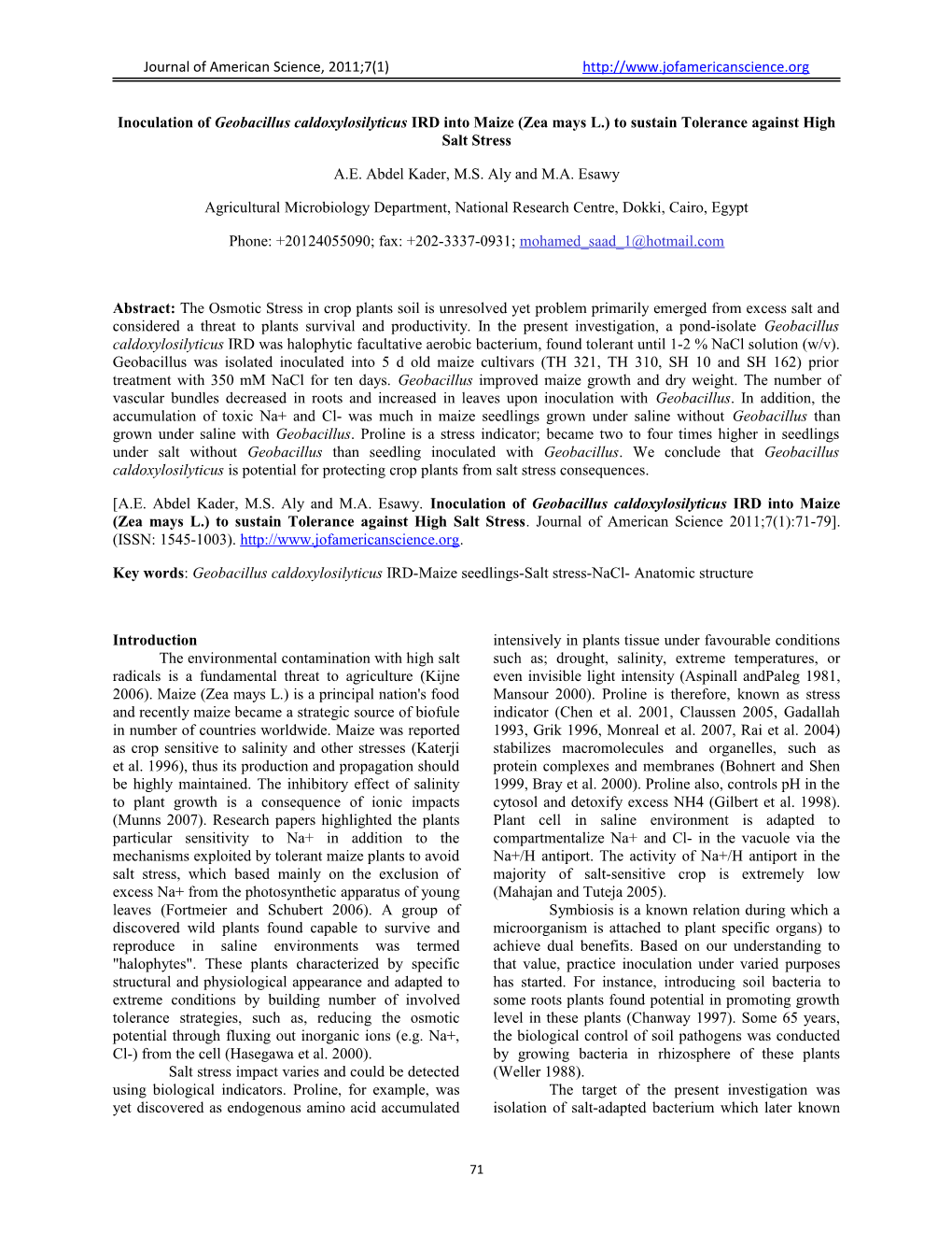 Inoculation of Geobacillus Caldoxylosilyticus IRD Into Maize (Zea Mays L