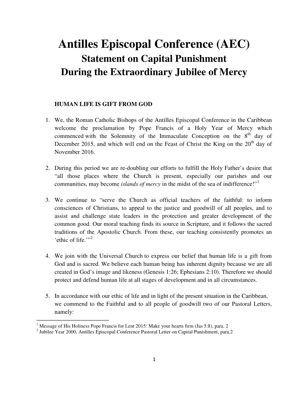 Antilles Episcopal Conference (AEC) Statement on Capital Punishment During the Extraordinary Jubilee of Mercy