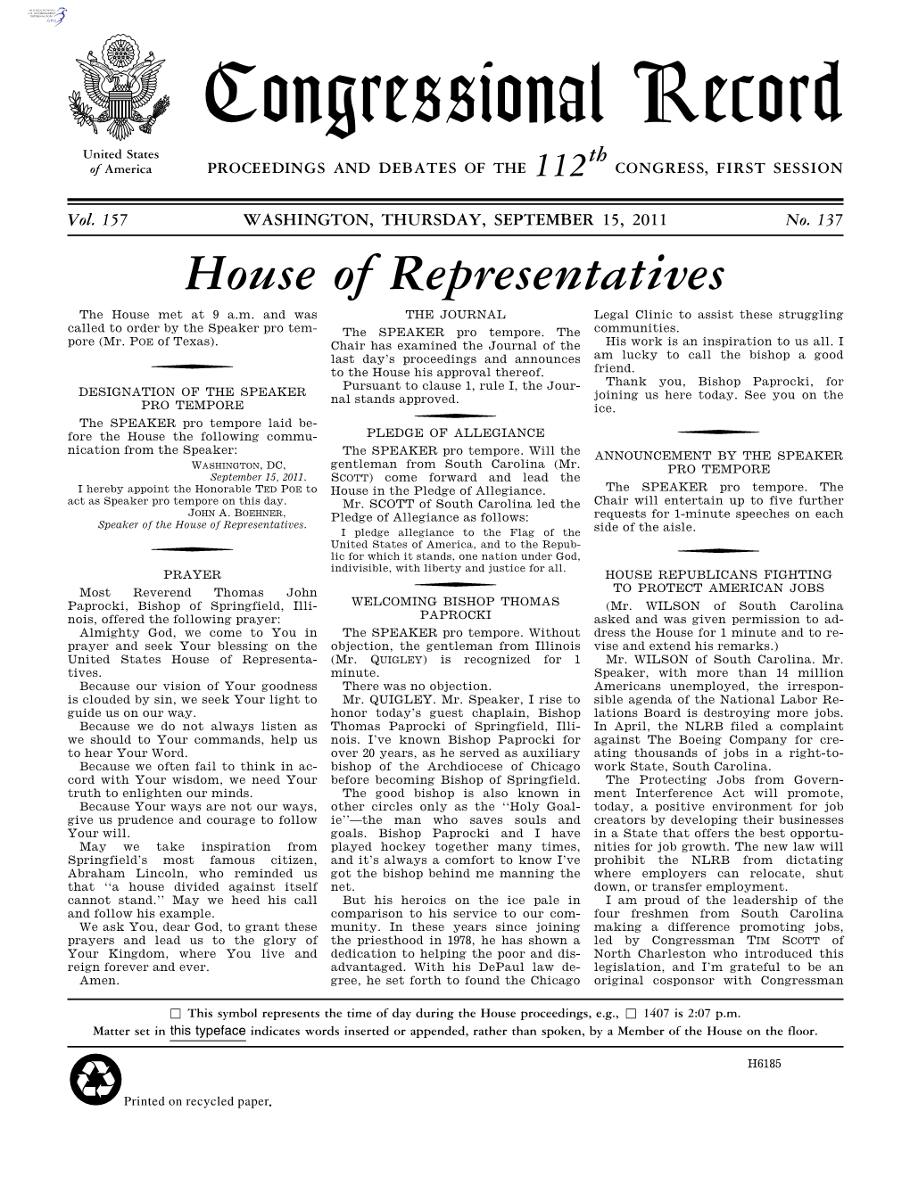 Congressional Record United States Th of America PROCEEDINGS and DEBATES of the 112 CONGRESS, FIRST SESSION