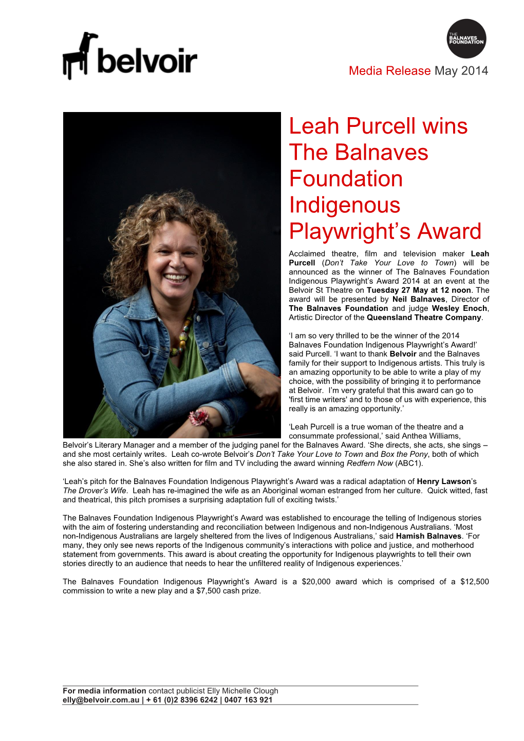 Leah Purcell Wins the Balnaves Foundation Indigenous Playwright's