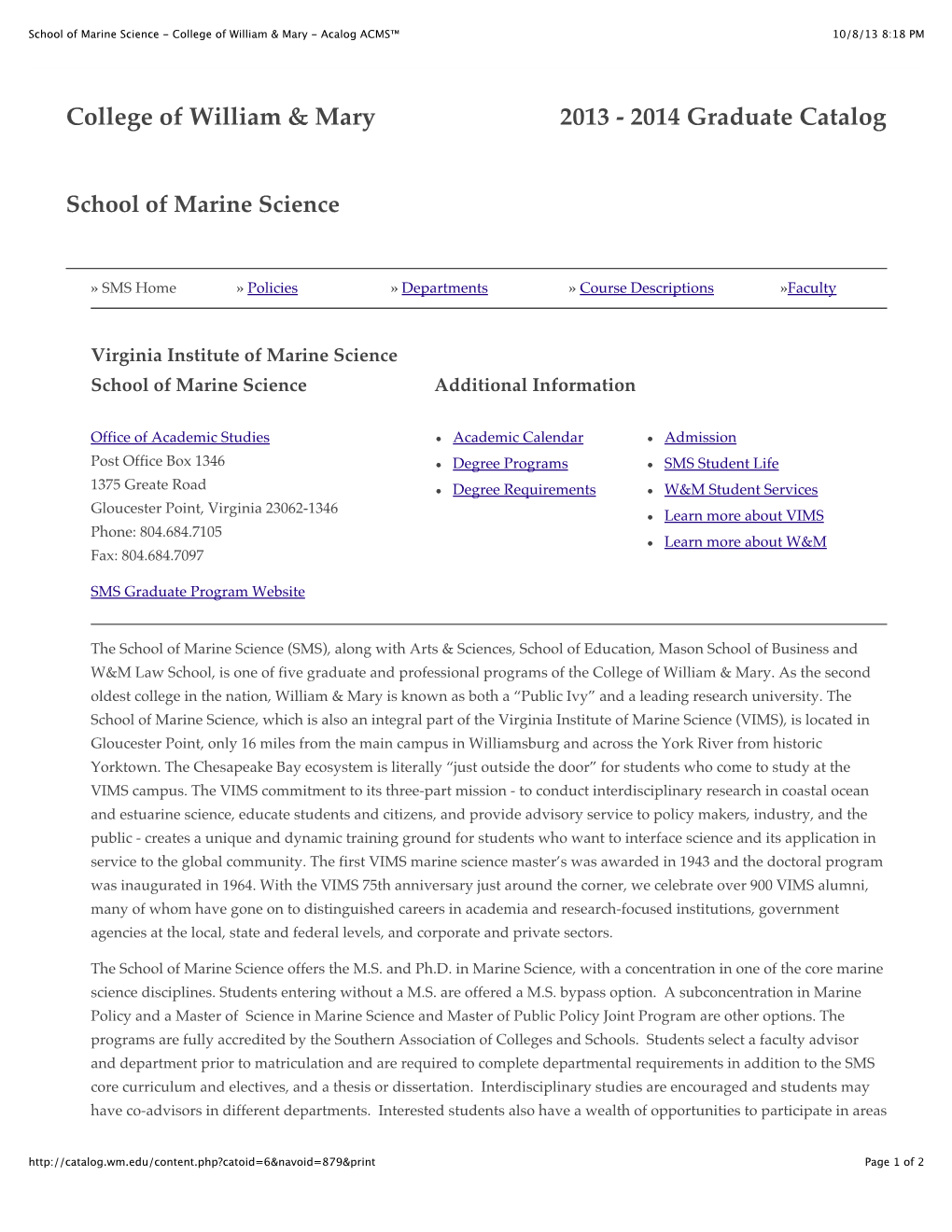 School of Marine Science - College of William & Mary - Acalog ACMS™ 10/8/13 8:18 PM