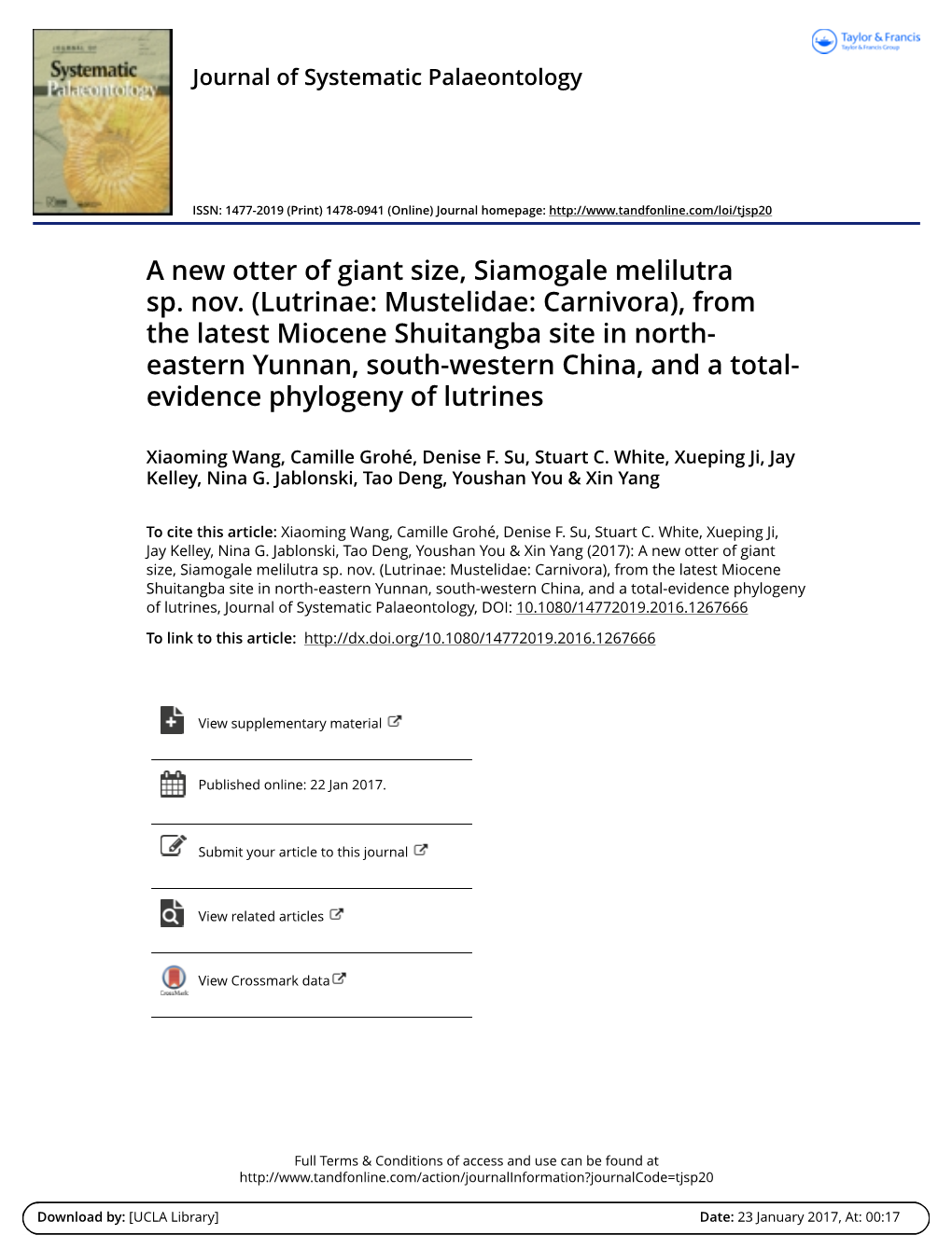 A New Otter of Giant Size, Siamogale Melilutra Sp. Nov. \(Lutrinae: Mustelidae: Carnivora\), from the Latest Miocene Shuitangba