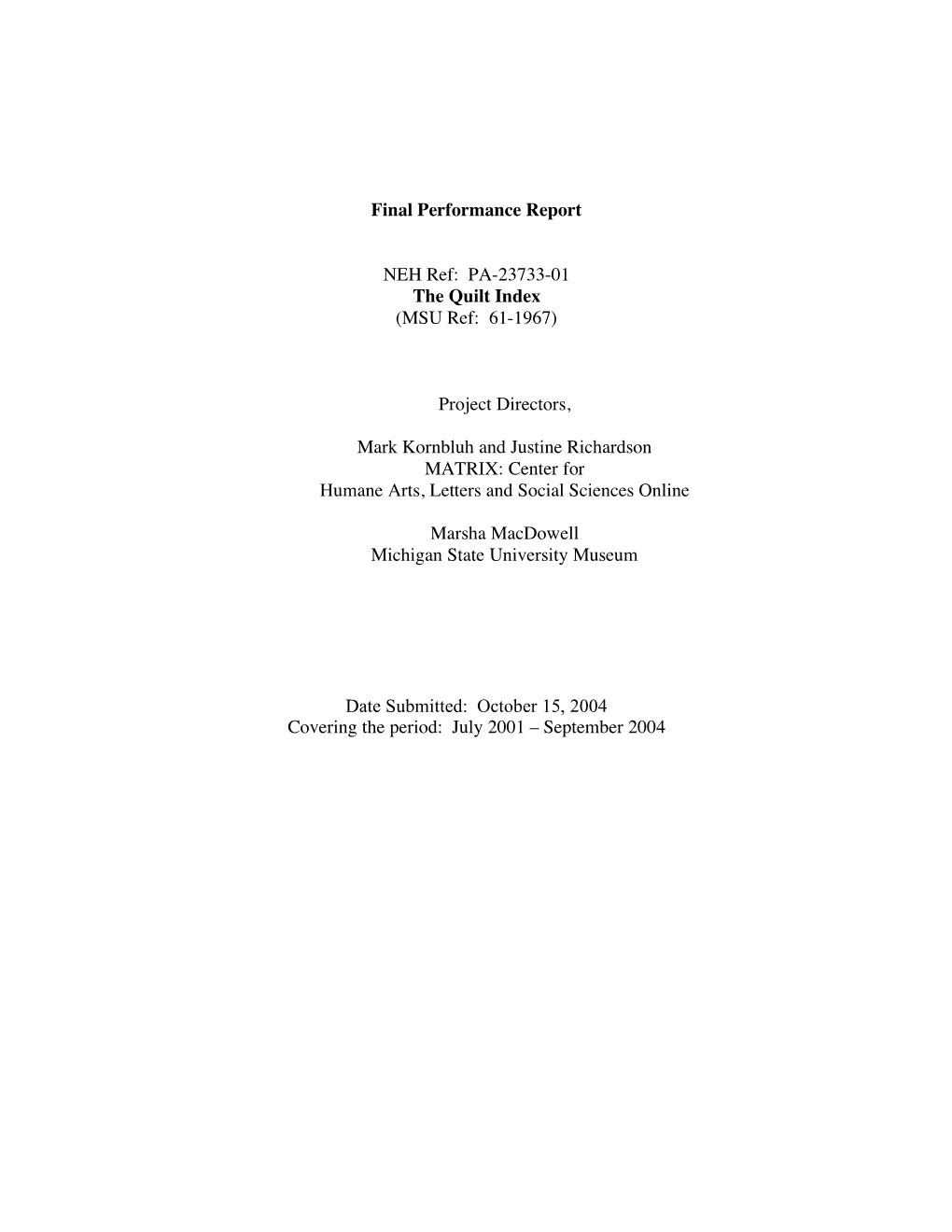 Final Performance Report NEH Ref: PA-23733-01 the Quilt Index