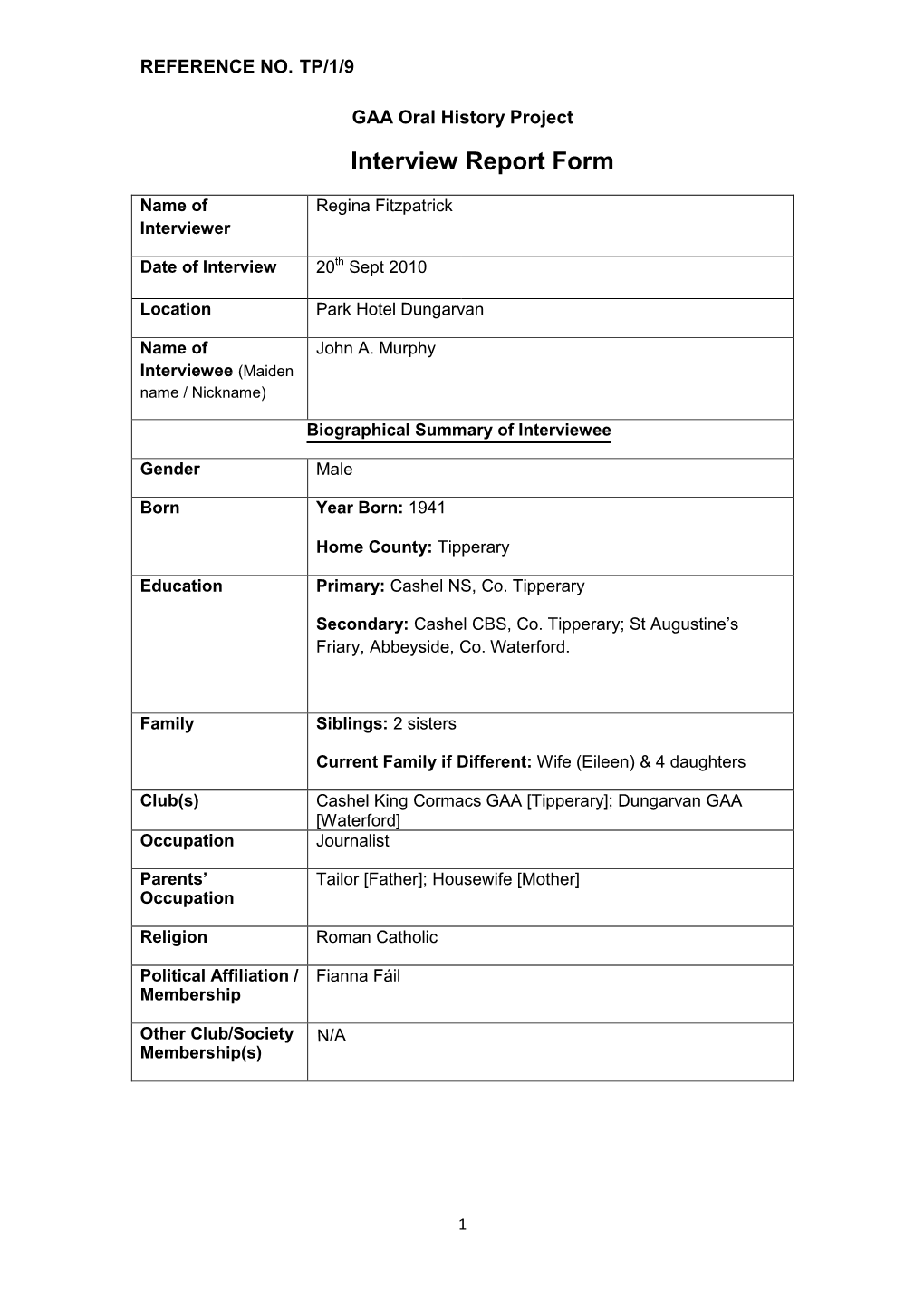 GAA Oral History Project Interview Report Form