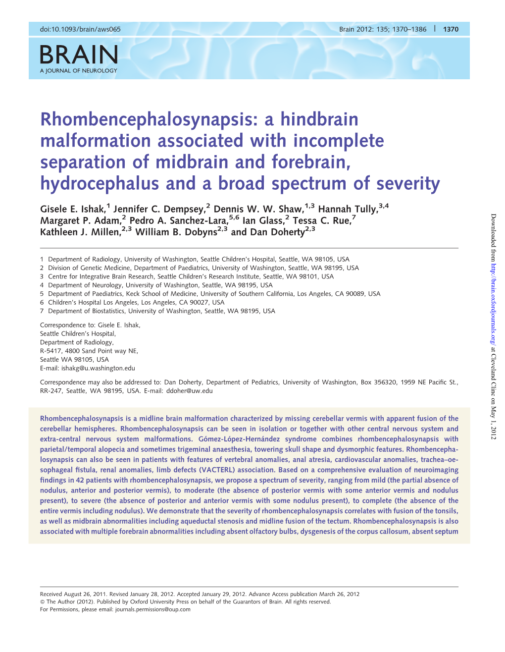 Rhombencephalosynapsis: a Hindbrain Malformation Associated with Incomplete Separation of Midbrain and Forebrain, Hydrocephalus and a Broad Spectrum of Severity