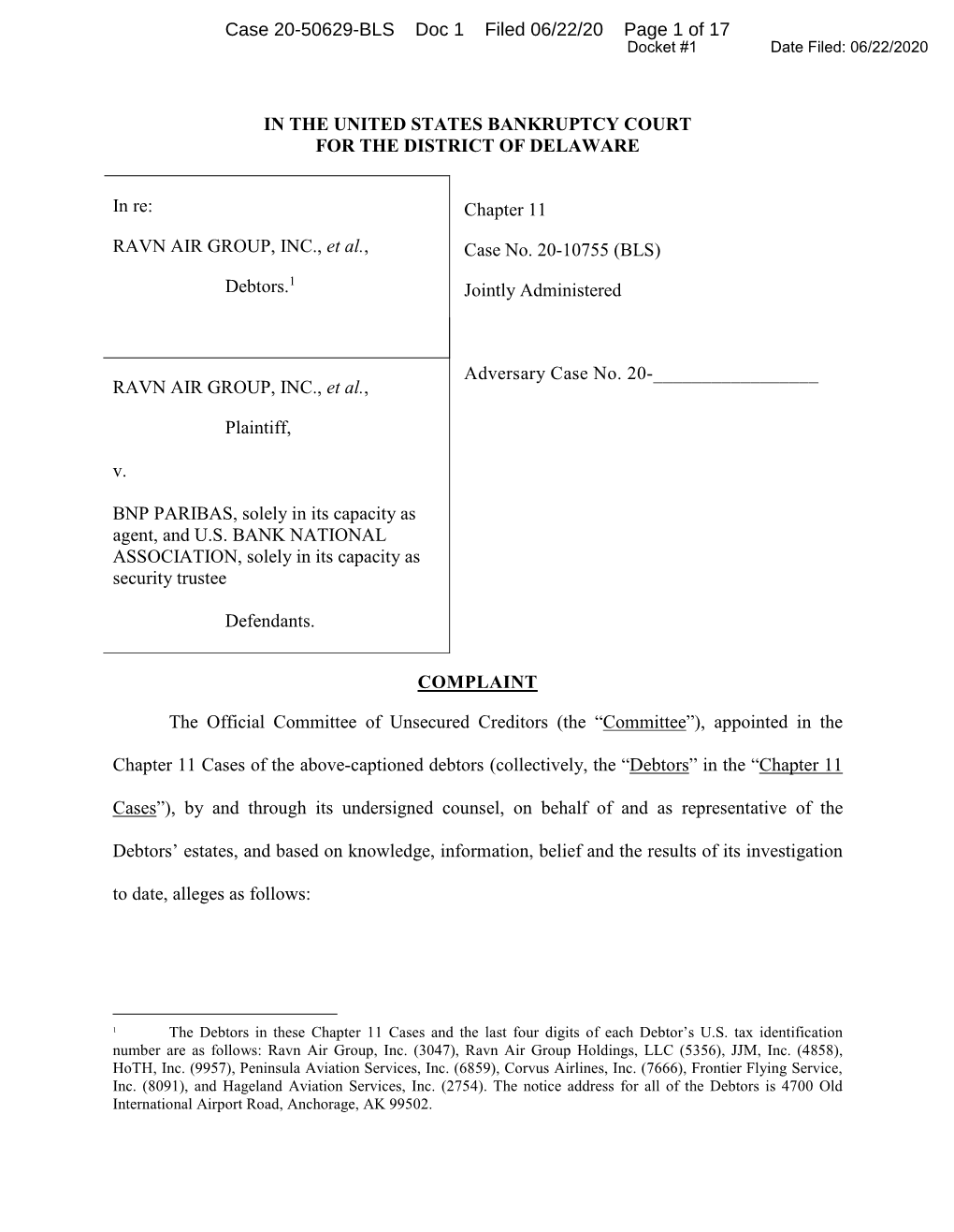 Case 20-50629-BLS Doc 1 Filed 06/22/20 Page 1 of 17