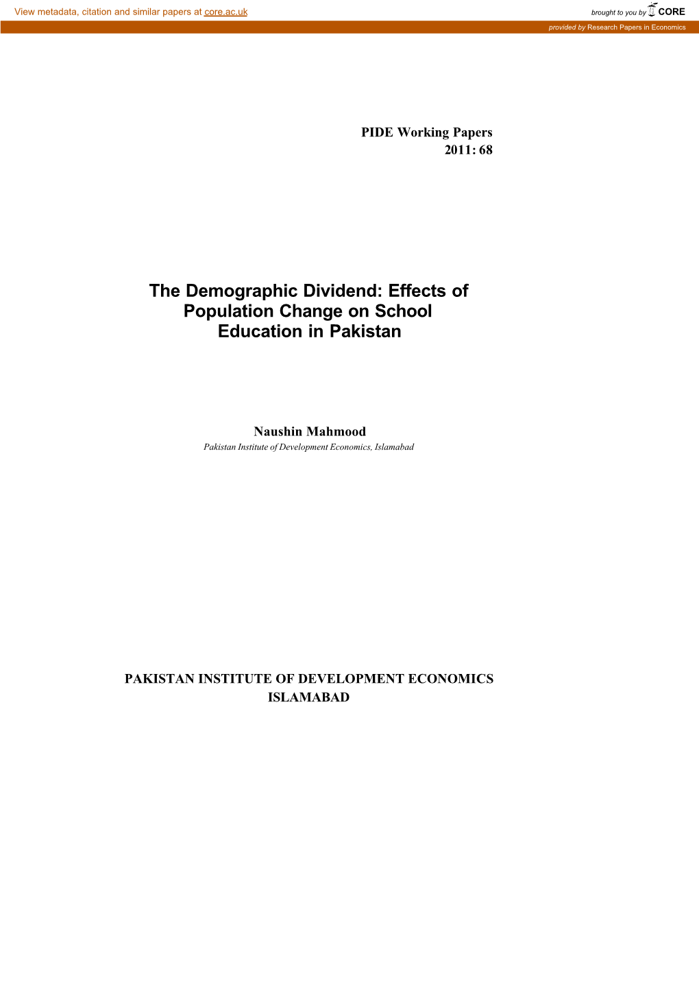 The Demographic Dividend: Effects of Population Change on School Education in Pakistan