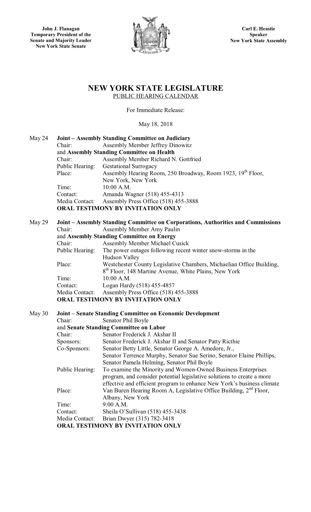 New York State Legislature Public Hearing Calendar