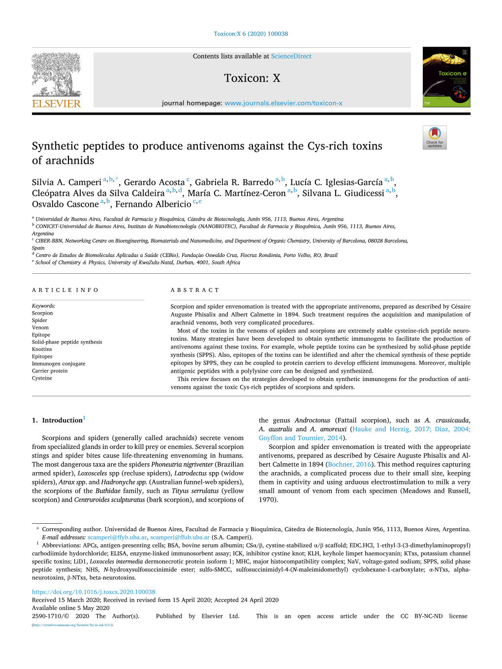 Synthetic Peptides to Produce Antivenoms Against the Cys-Rich Toxins of Arachnids