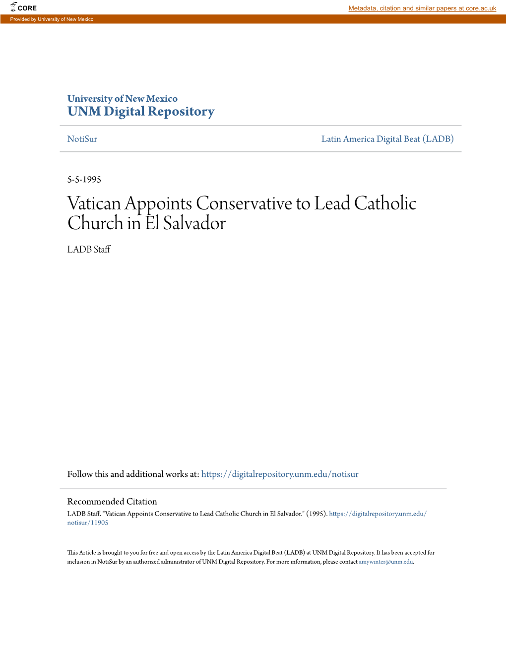 Vatican Appoints Conservative to Lead Catholic Church in El Salvador LADB Staff