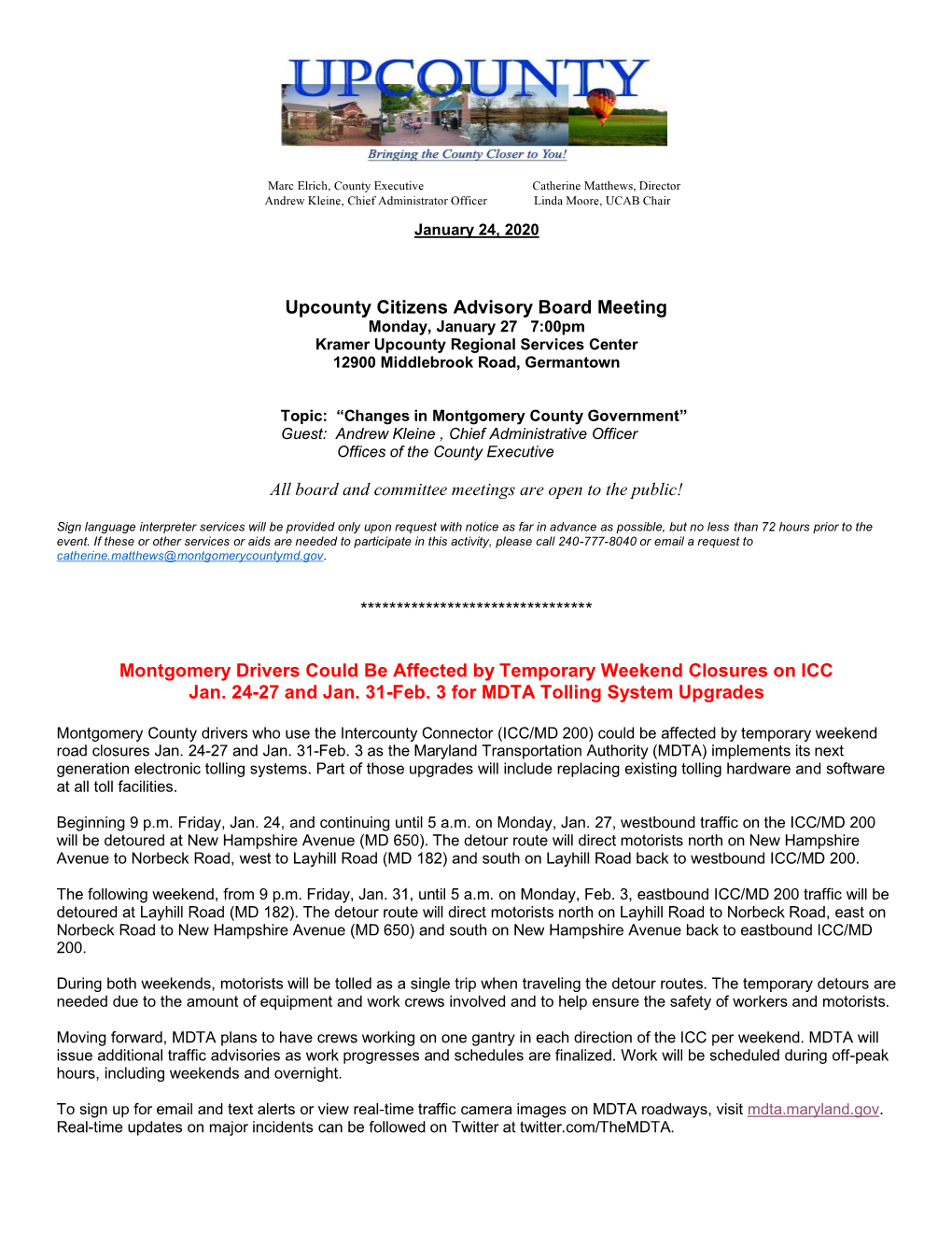 Upcounty Citizens Advisory Board Meeting Monday, January 27 7:00Pm Kramer Upcounty Regional Services Center 12900 Middlebrook Road, Germantown