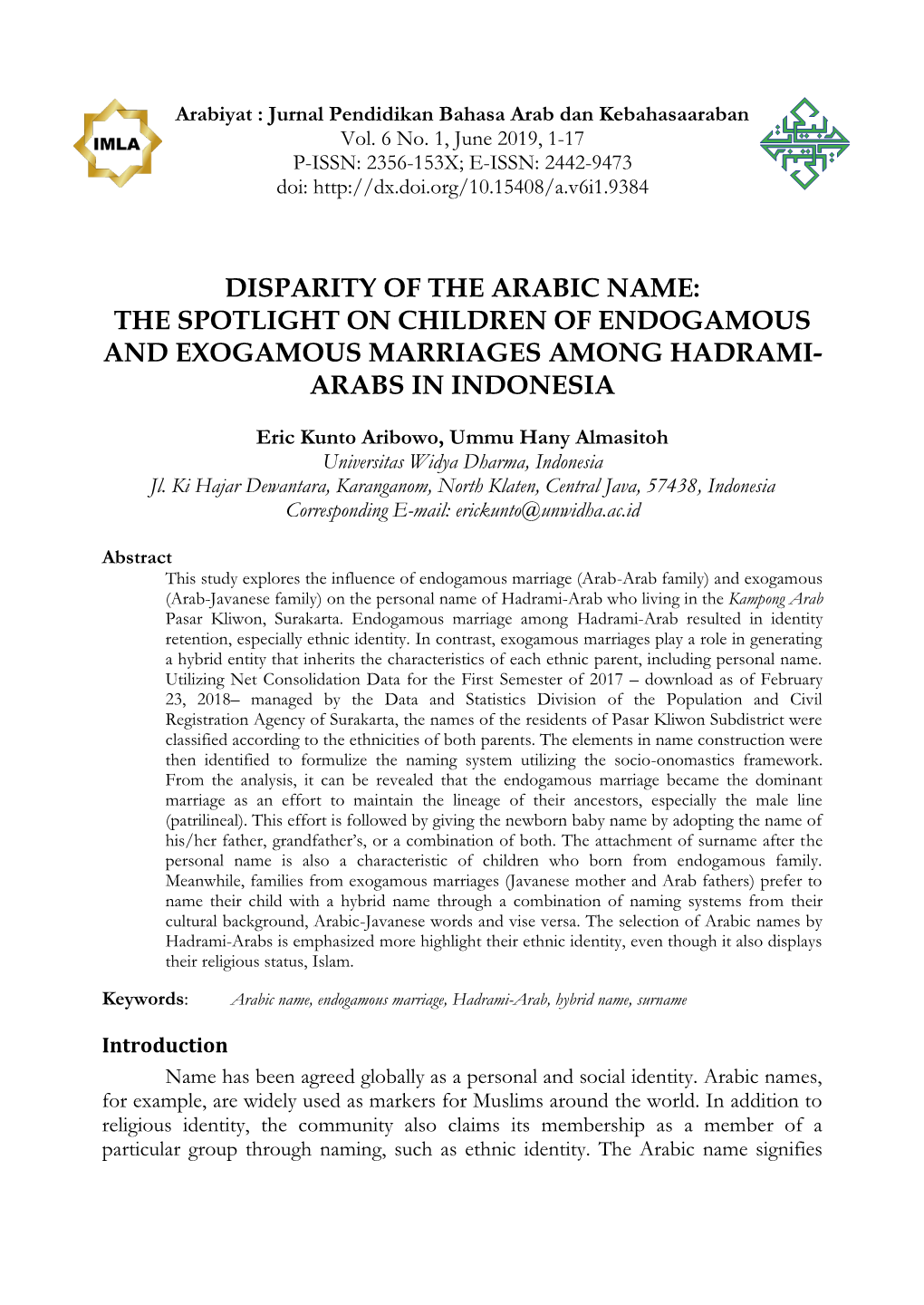 Disparity of the Arabic Name: the Spotlight on Children of Endogamous and Exogamous Marriages Among Hadrami- Arabs in Indonesia