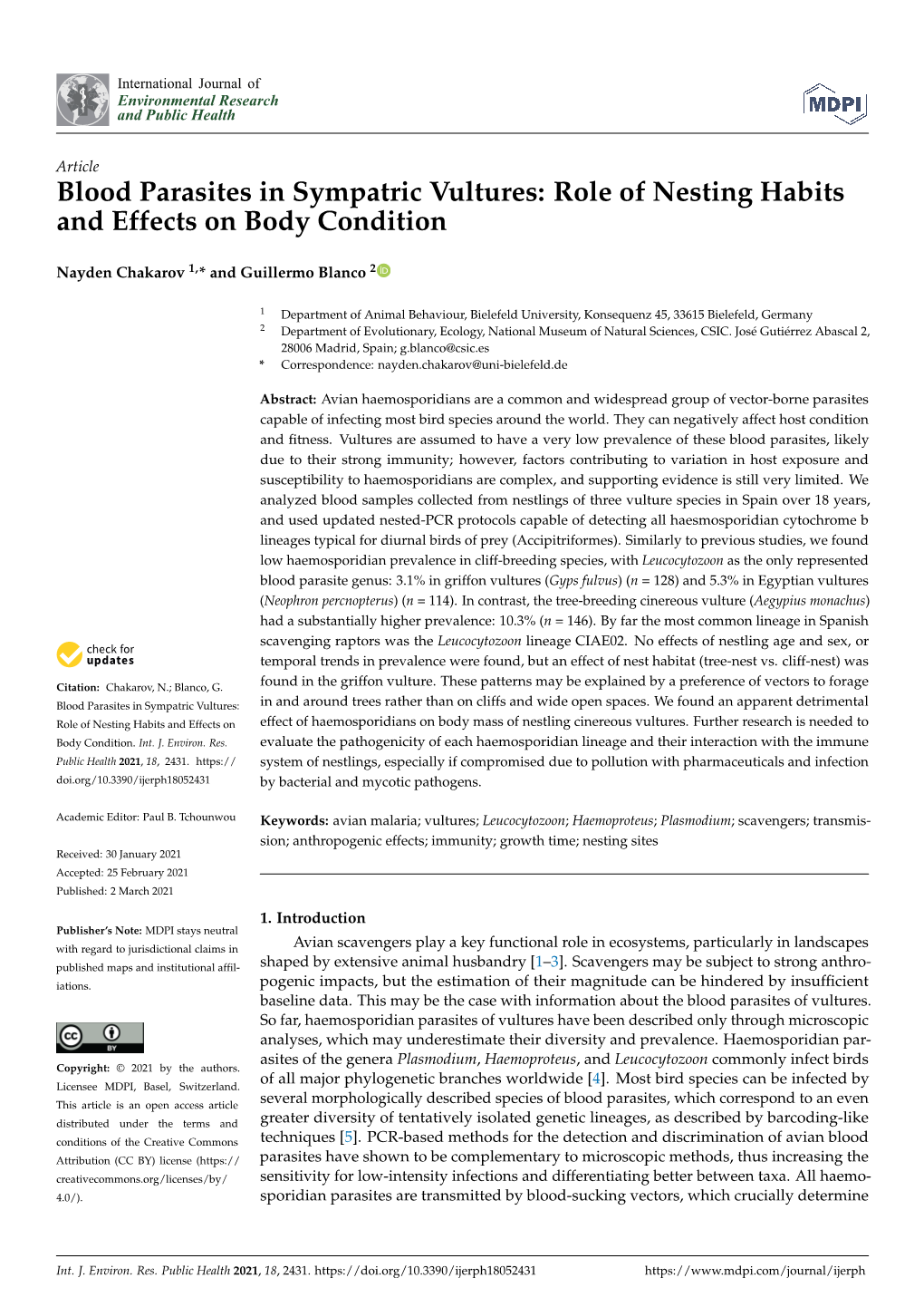 Blood Parasites in Sympatric Vultures: Role of Nesting Habits and Effects on Body Condition