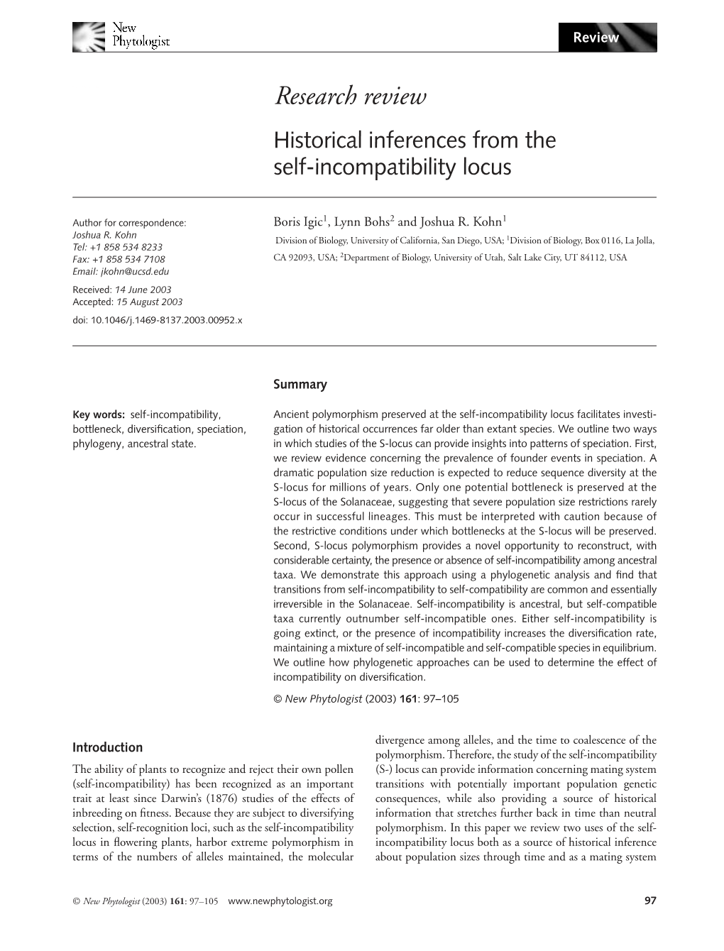 Research Review Historical Inferences from the Self-Incompatibility Locus