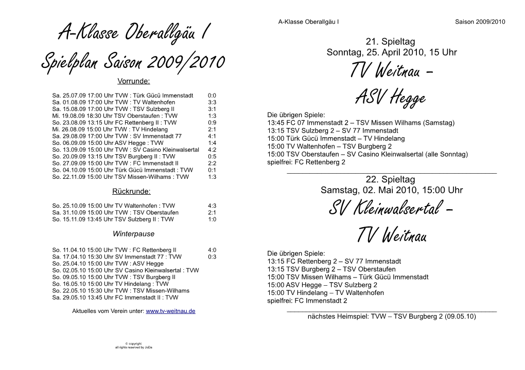 A-Klasse Oberallgäu I Spielplan Saison 2009/2010