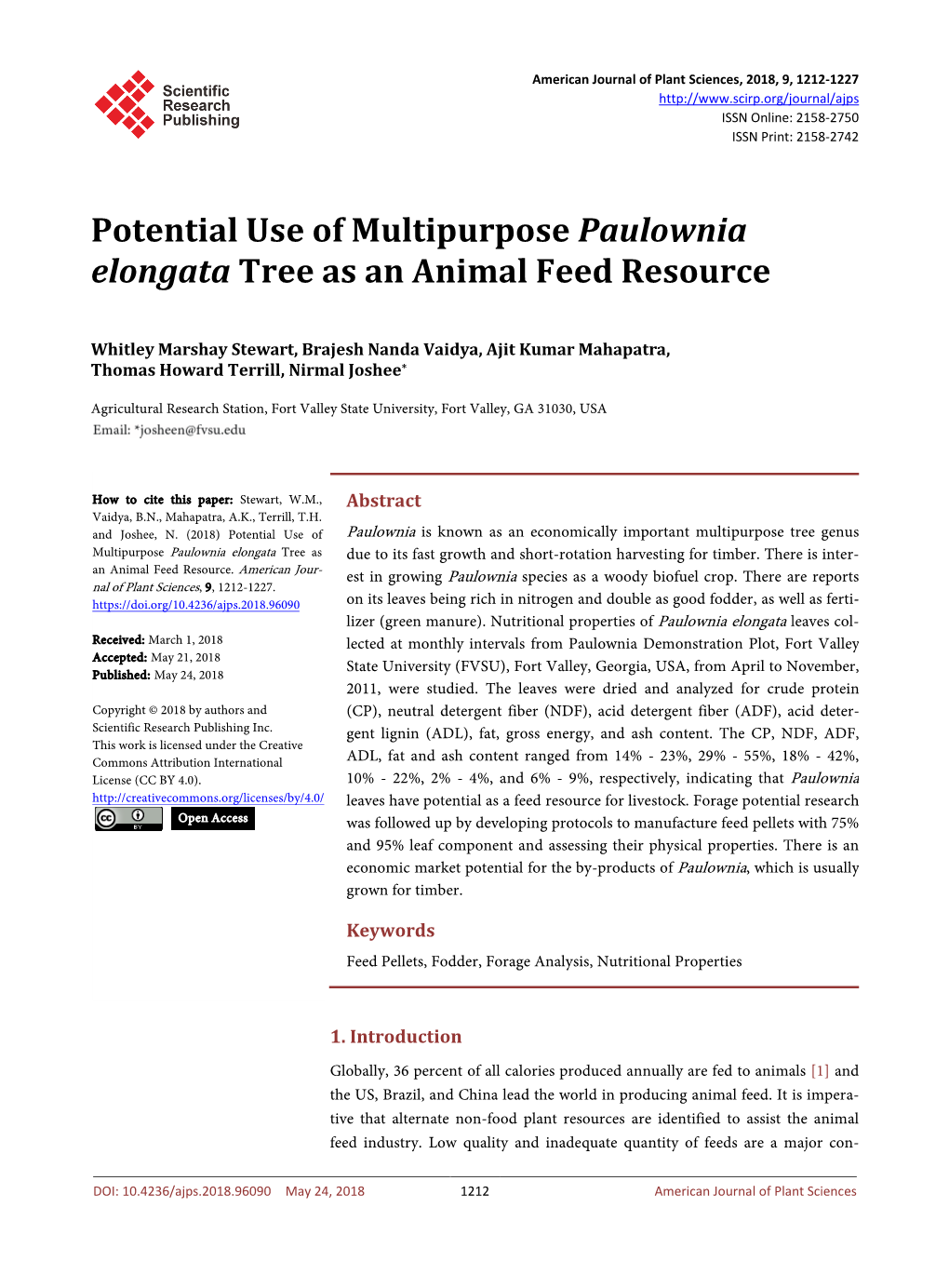 Potential Use of Multipurpose Paulownia Elongata Tree As an Animal Feed Resource