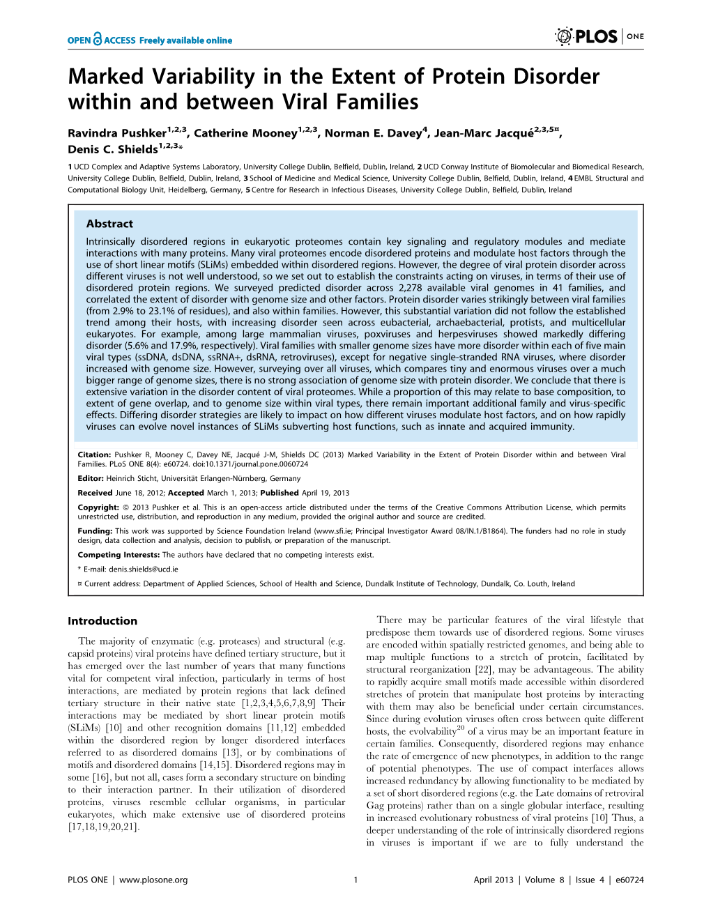 Marked Variability in the Extent of Protein Disorder Within and Between Viral Families