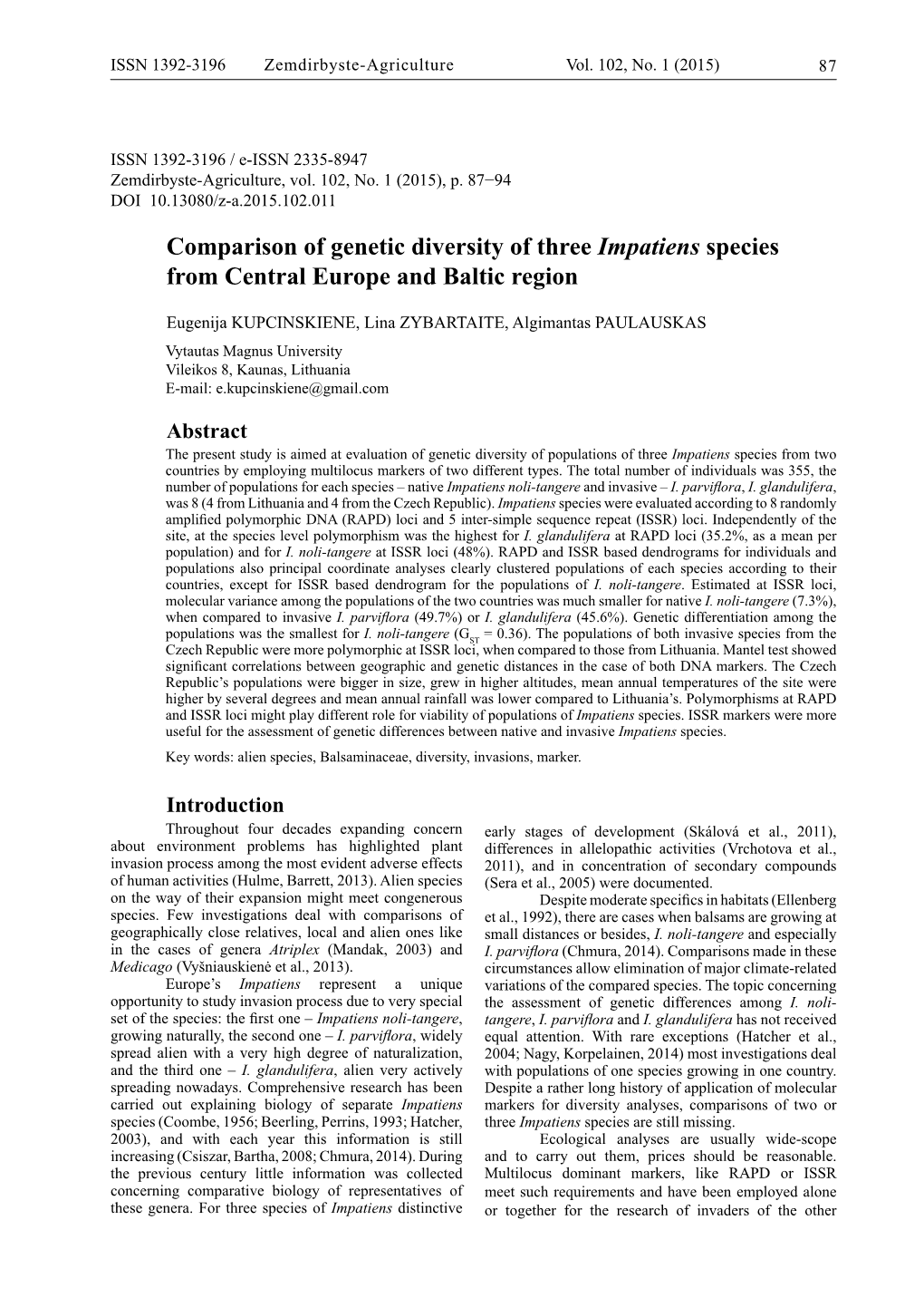 Comparison of Genetic Diversity of Three Impatiens Species from Central Europe and Baltic Region